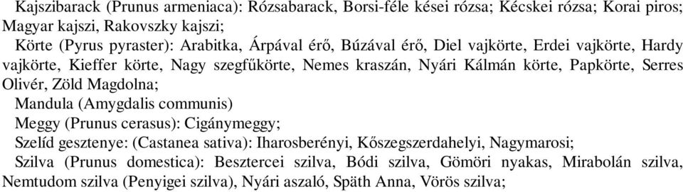 Zöld Magdolna; Mandula (Amygdalis communis) Meggy (Prunus cerasus): Cigánymeggy; Szelíd gesztenye: (Castanea sativa): Iharosberényi, Kőszegszerdahelyi, Nagymarosi;