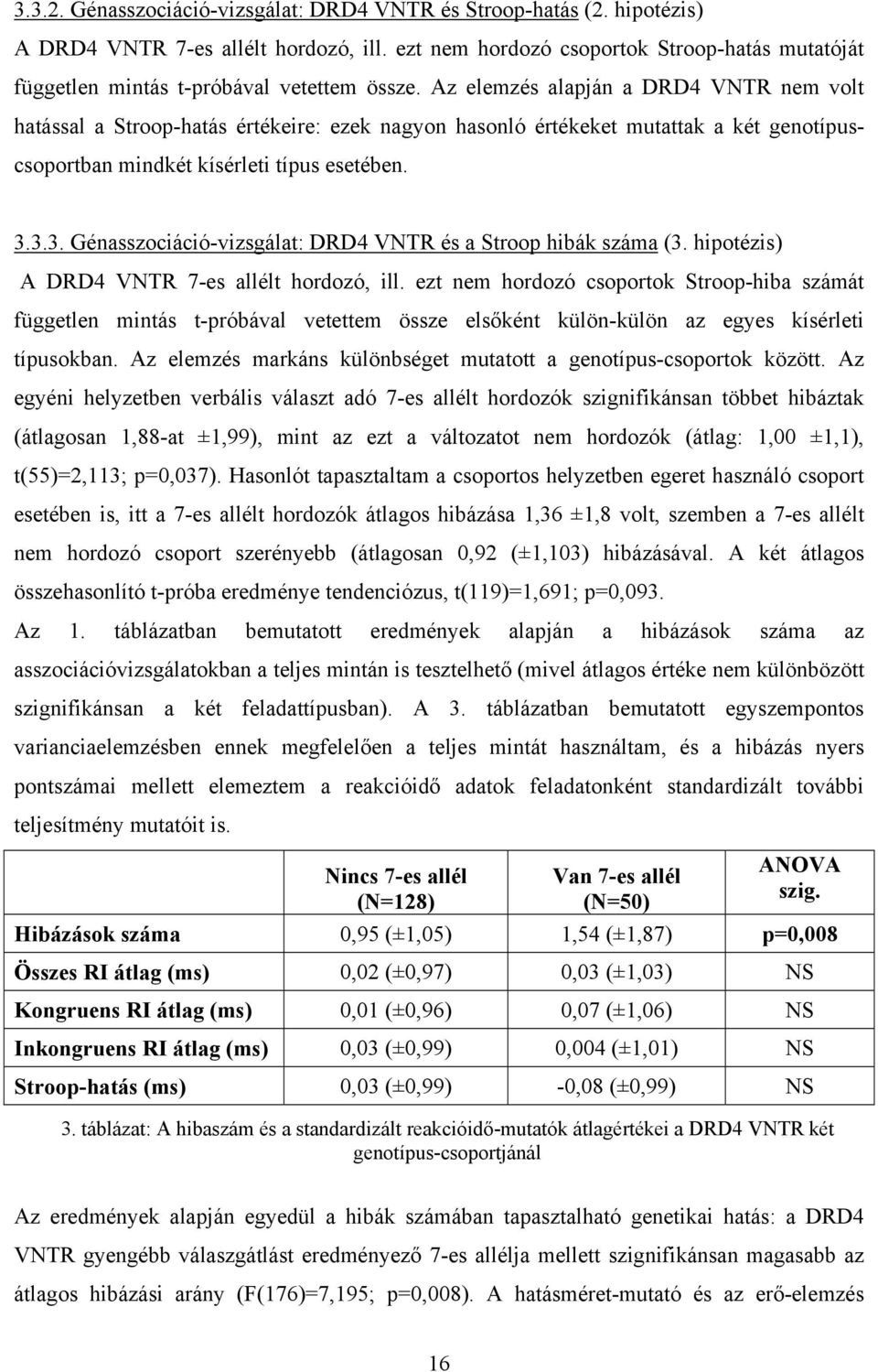 Az elemzés alapján a DRD4 VNTR nem volt hatással a Stroop-hatás értékeire: ezek nagyon hasonló értékeket mutattak a két genotípuscsoportban mindkét kísérleti típus esetében. 3.