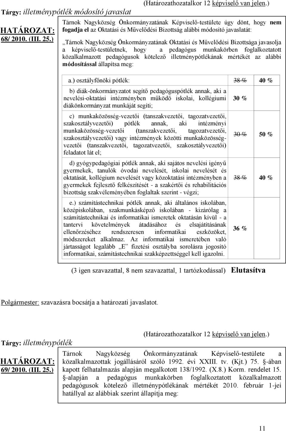 Művelődési Bizottsága javasolja a képviselő-testületnek, hogy a pedagógus munkakörben foglalkoztatott közalkalmazott pedagógusok kötelező illetménypótlékának mértékét az alábbi módosítással állapítsa