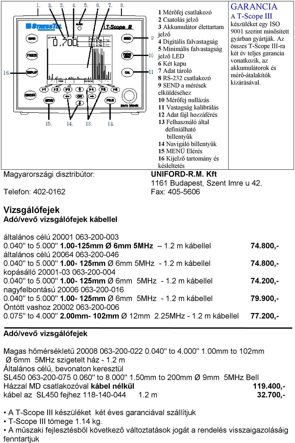 Kijelző tartomány és késleltetés Telefon: 402-0162 Fax: 405-5606 Vizsgálófejek Adó/vevő ek kábellel GARANCIA A T-Scope III készüléket egy ISO 9001 szerint minősített gyárban gyártják.