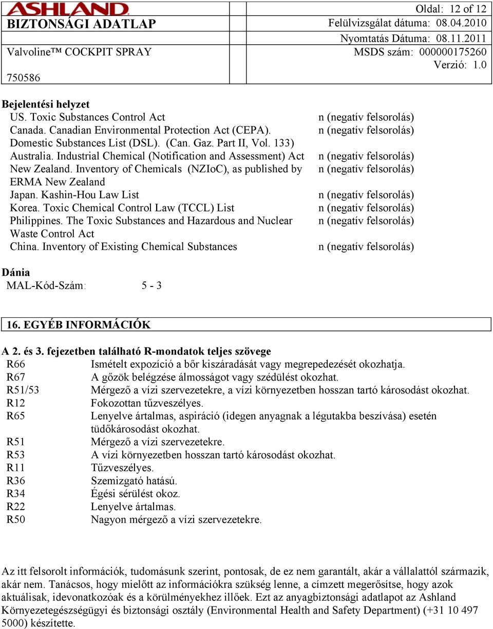 Toxic Chemical Control Law (TCCL) List Philippines. The Toxic Substances and Hazardous and Nuclear Waste Control Act China. Inventory of Existing Chemical Substances Dánia MAL-Kód-Szám: 5-3 16.