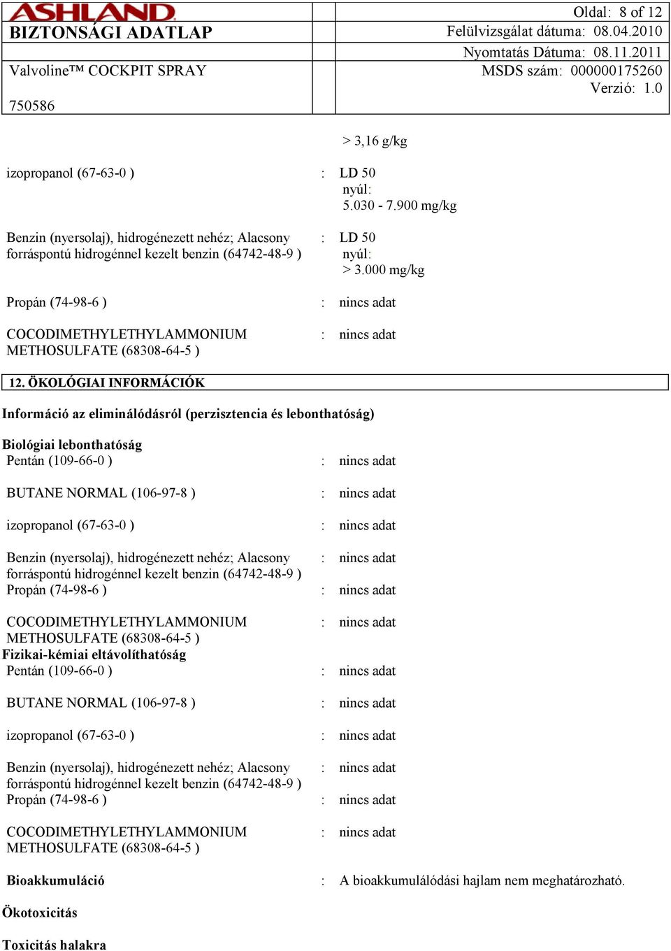 ÖKOLÓGIAI INFORMÁCIÓK Információ az eliminálódásról (perzisztencia és lebonthatóság) Biológiai lebonthatóság Pentán (109-66-0 ) : BUTANE NORMAL (106-97-8 ) : izopropanol (67-63-0