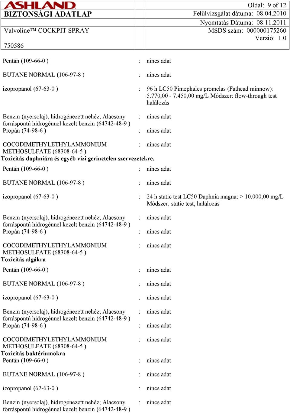 Pentán (109-66-0 ) : BUTANE NORMAL (106-97-8 ) : izopropanol (67-63-0 ) : 24 h static test LC50 Daphnia magna: > 10.