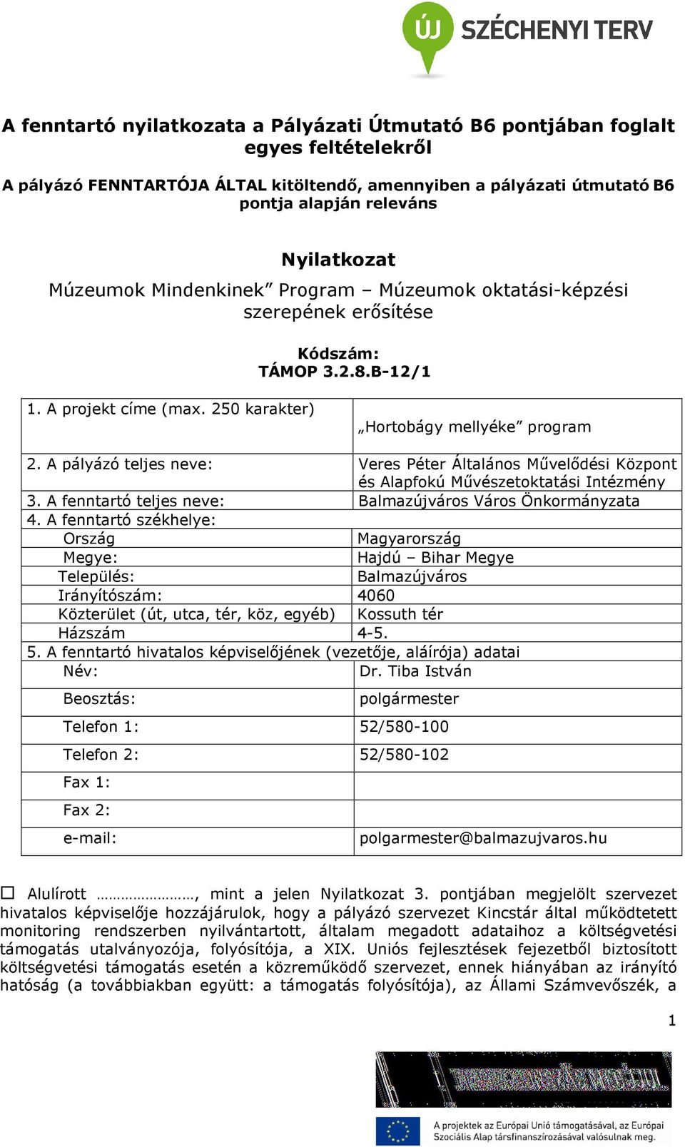 A pályázó teljes neve: Veres Péter Általános Mővelıdési Központ és Alapfokú Mővészetoktatási Intézmény 3. A fenntartó teljes neve: Balmazújváros Város Önkormányzata 4.