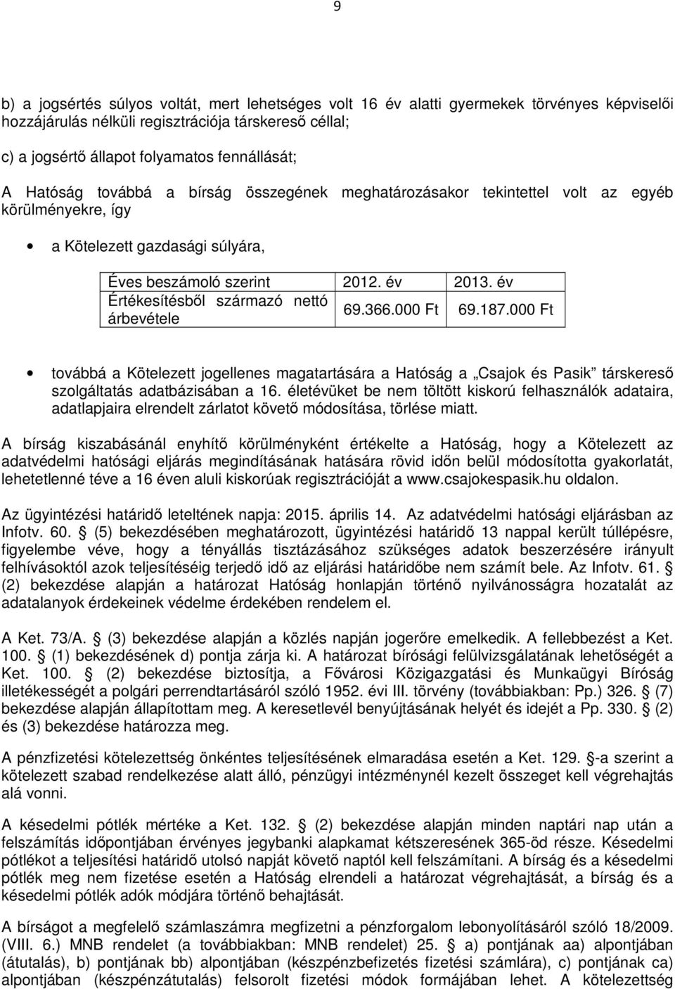 év Értékesítésből származó nettó árbevétele 69.366.000 Ft 69.187.000 Ft továbbá a Kötelezett jogellenes magatartására a Hatóság a Csajok és Pasik társkereső szolgáltatás adatbázisában a 16.