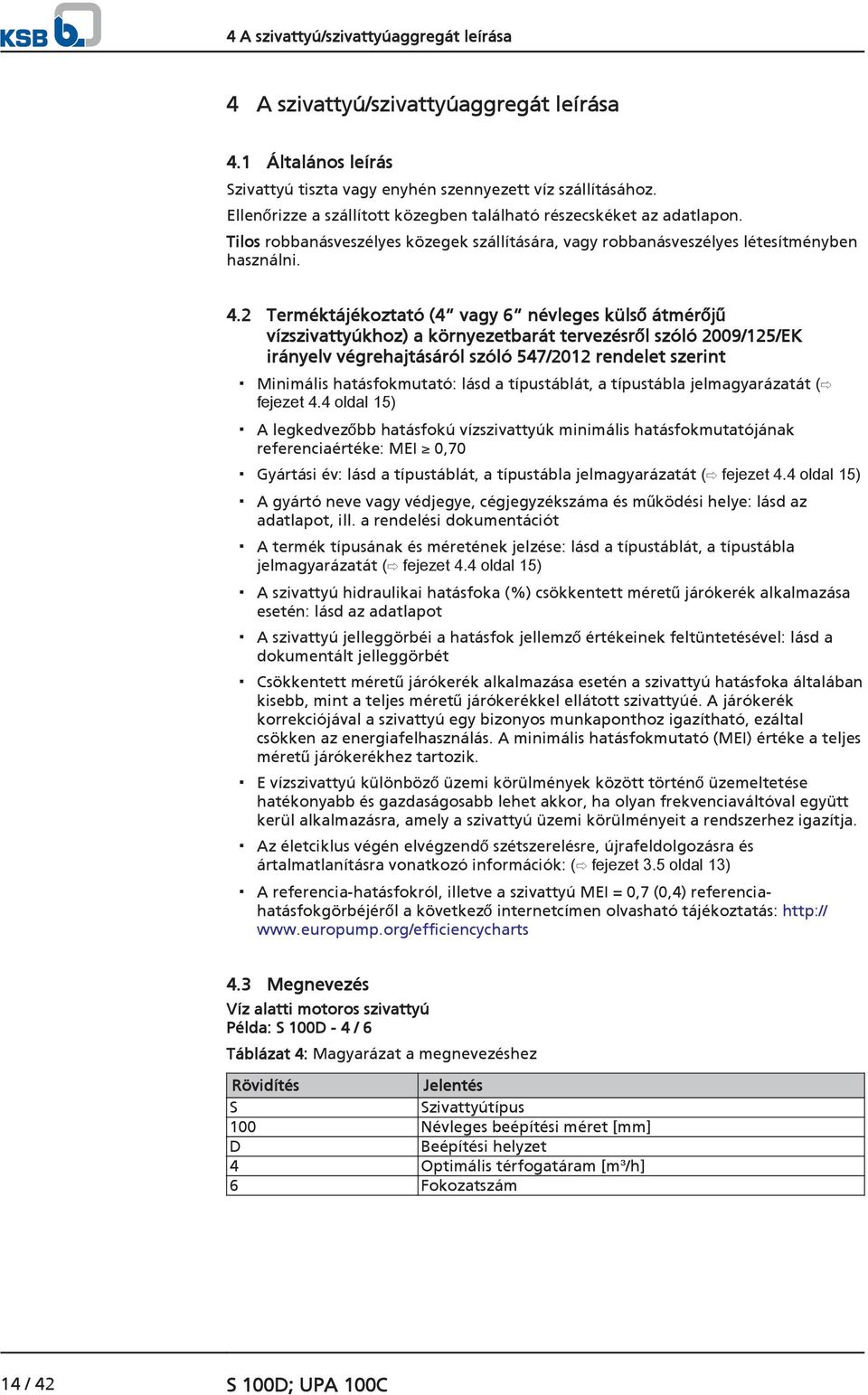 2 Terméktájékoztató (4 vagy 6 névleges külső átmérőjű vízszivattyúkhoz) a környezetbarát tervezésről szóló 2009/125/EK irányelv végrehajtásáról szóló 547/2012 rendelet szerint Minimális
