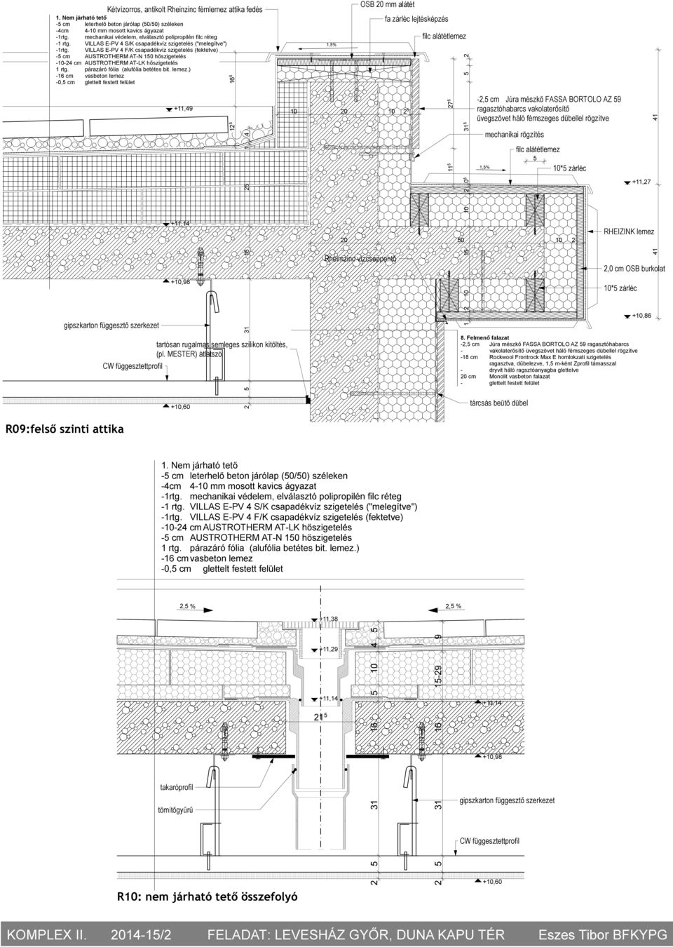 VILLS E-PV 4 F/K csapadékvíz szigetelés (fektetve) -5 cm USTROTHERM T-N 150 hőszigetelés -10-24 cm USTROTHERM T-LK hőszigetelés 1 rtg. párazáró fólia (alufólia betétes bit. lemez.