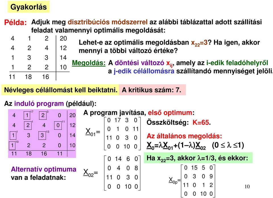 Megoldás: A döntési változó ij, amely az i-edik feladóhelyről a j-edik célállomásra szállítandó mennyiséget jelöli.