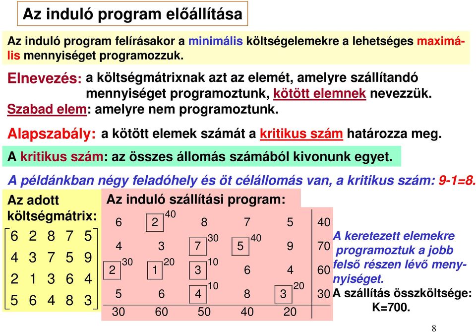 Alapszabály: a kötött elemek számát a kritikus szám határozza meg. A kritikus szám: az összes állomás számából kivonunk egyet.