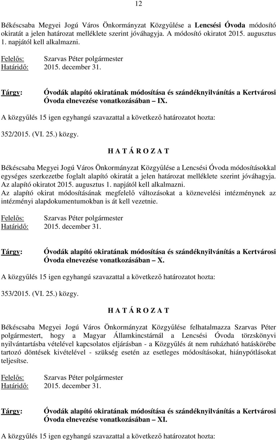 Tárgy: Óvodák alapító okiratának módosítása és szándéknyilvánítás a Kertvárosi Óvoda elnevezése vonatkozásában IX. A közgyőlés 15 igen egyhangú szavazattal a következı határozatot hozta: 352/2015.