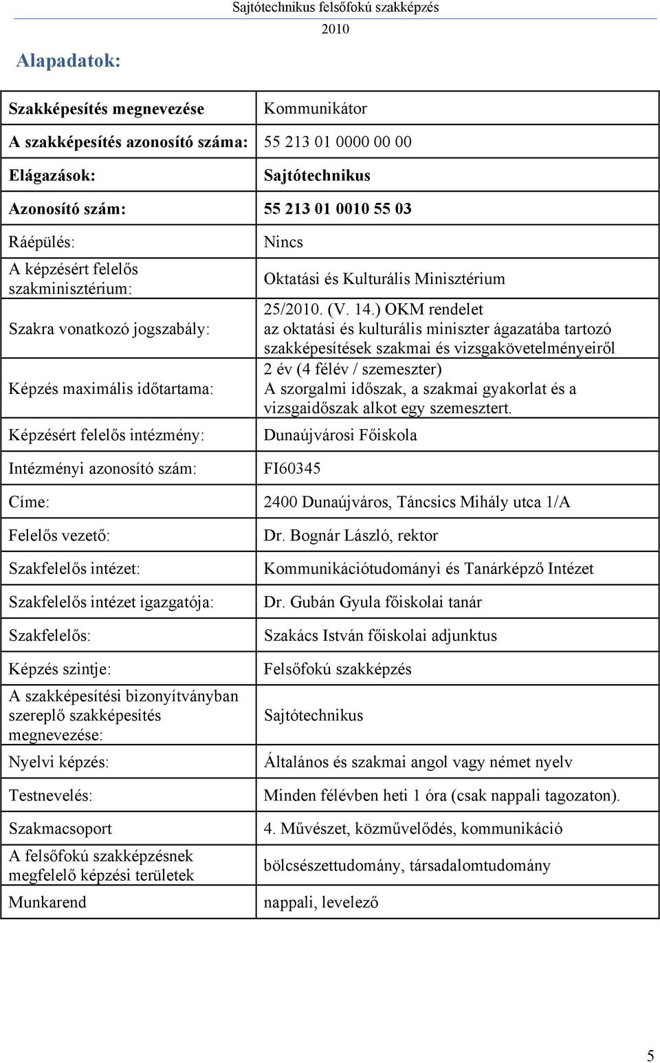 ) OKM rendelet az oktatási és kulturális miniszter ágazatába tartozó szakképesítések szakmai és vizsgakövetelményeiről 2 év (4 félév / szemeszter) A szorgalmi időszak, a szakmai gyakorlat és a