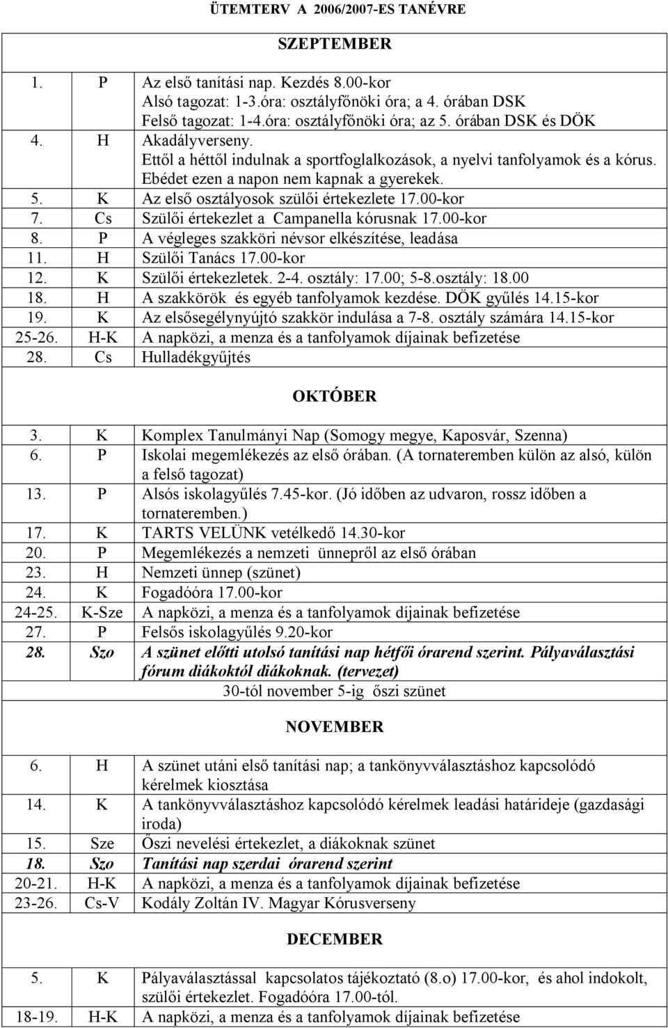 K Az első osztályosok szülői értekezlete 17.00-kor 7. Cs Szülői értekezlet a Campanella kórusnak 17.00-kor 8. P A végleges szakköri névsor elkészítése, leadása 11. H Szülői Tanács 17.00-kor 12.