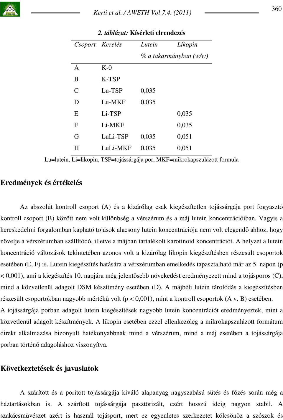0,051 Lu=lutein, Li=likopin, TSP=tojássárgája por, MKF=mikrokapszulázott formula Eredmények és értékelés Az abszolút kontroll csoport (A) és a kizárólag csak kiegészítetlen tojássárgája port