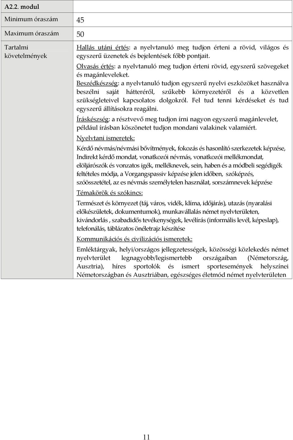 Beszédkészség: a nyelvtanuló tudjon egyszerű nyelvi eszközöket használva beszélni saját hátteréről, szűkebb környezetéről és a közvetlen szükségleteivel kapcsolatos dolgokról.