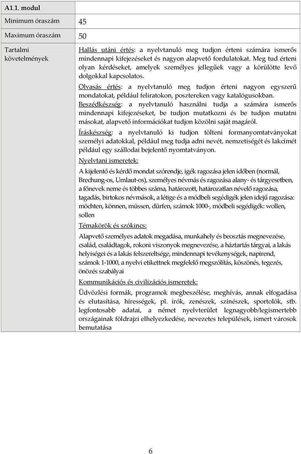 Olvasás értés: a nyelvtanuló meg tudjon érteni nagyon egyszerű mondatokat, például feliratokon, posztereken vagy katalógusokban.