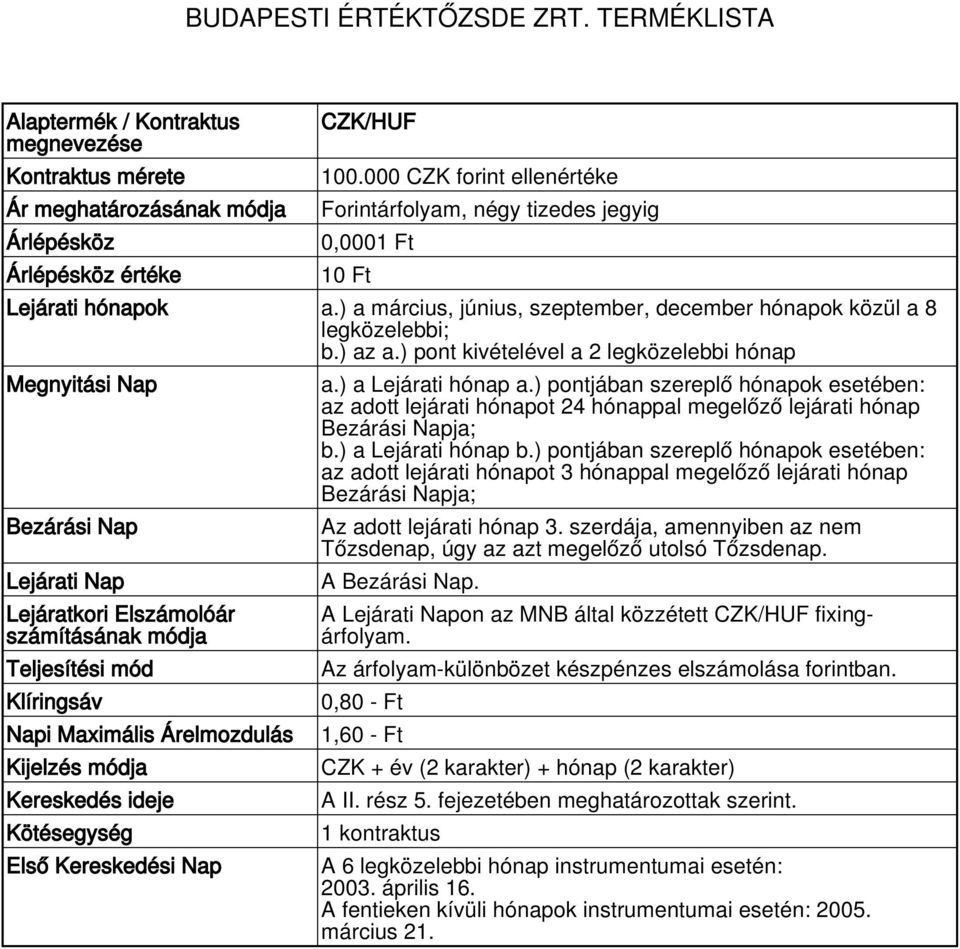 az MNB által közzétett CZK/HUF fixingárfolyam. Az árfolyam-különbözet készpénzes elszámolása forintban.