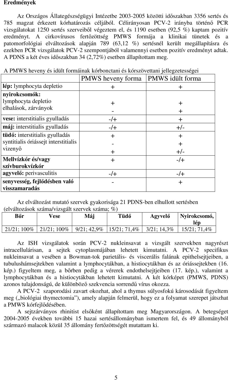 A cirkovírusos fertızöttség PMWS formája a klinikai tünetek és a patomorfológiai elváltozások alapján 789 (63,12 %) sertésnél került megállapításra és ezekben PCR vizsgálatok PCV-2 szempontjából