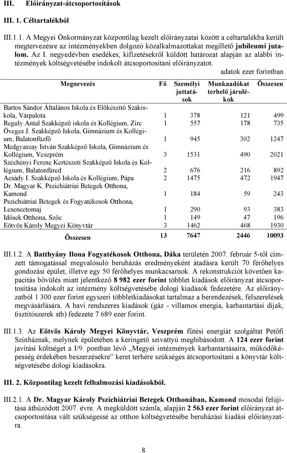 Az I. negyedévben esedékes, kifizetésekről küldött határozat alapján az alábbi intézmények költségvetésébe indokolt átcsoportosítani előirányzatot.