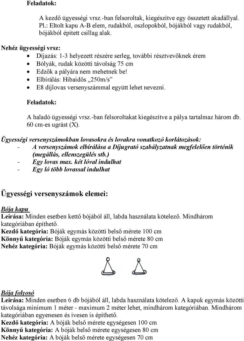 Elbírálás: Hibaidős 250m/s E8 díjlovas versenyszámmal együtt lehet nevezni. Feladatok: A haladó ügyességi vrsz.-ban felsoroltakat kiegészítve a pálya tartalmaz három db. 60 cm-es ugrást (X).