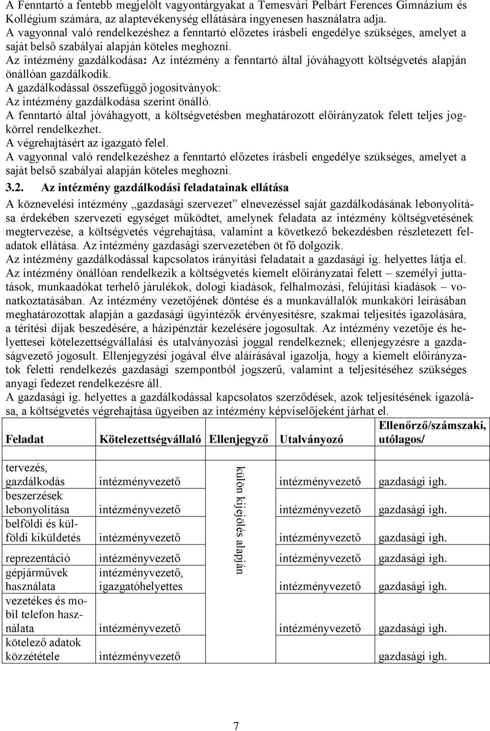 Az intézmény gazdálkodása: Az intézmény a fenntartó által jóváhagyott költségvetés alapján önállóan gazdálkodik. A gazdálkodással összefüggő jogosítványok: Az intézmény gazdálkodása szerint önálló.