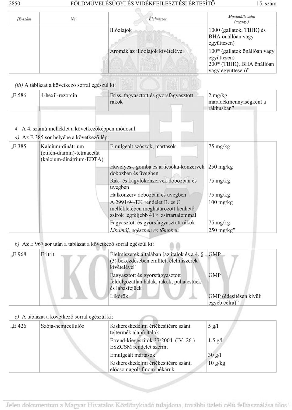 (TBHQ, BHA önállóan vagy együttesen) (iii) A táblázat a következõ sorral egészül ki: E 586 4-hexil-rezorcin Friss, fagyasztott és gyorsfagyasztott rákok 2 mg/kg maradékmennyiségként a rákhúsban 4.