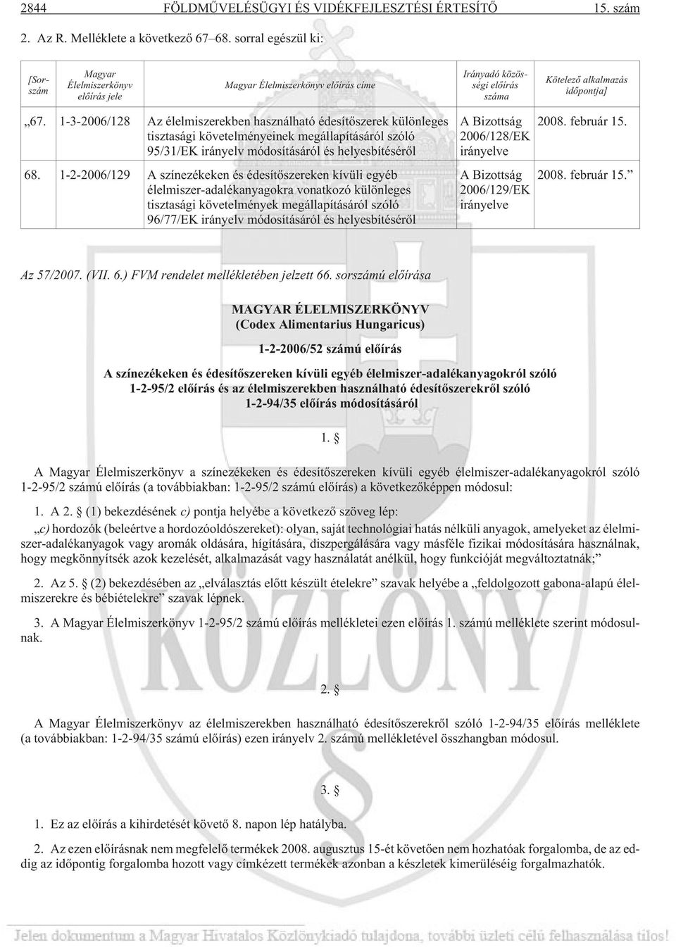 1-3-2006/128 Az élelmiszerekben használható édesítõszerek különleges tisztasági követelményeinek megállapításáról szóló 95/31/EK irányelv módosításáról és helyesbítésérõl 68.