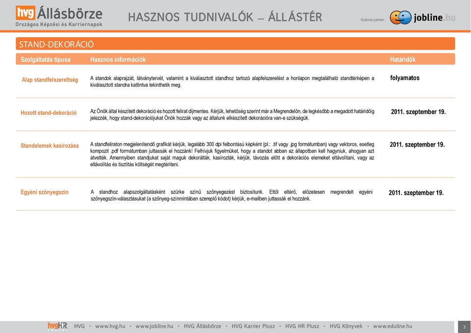 Kérjük, lehetőség szerint már a Megrendelőn, de legkésőbb a megadott határidőig jelezzék, hogy stand-dekorációjukat Önök hozzák vagy az általunk elkészített dekorációra van-e szükségük.