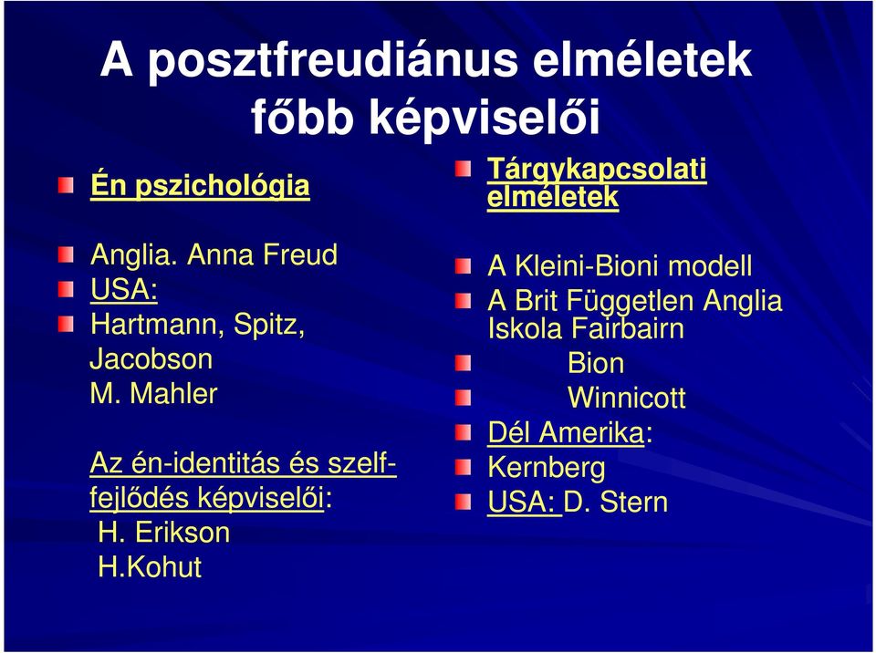 Mahler Az én-identitás és szelf- fejlődés képviselői: H. Erikson H.