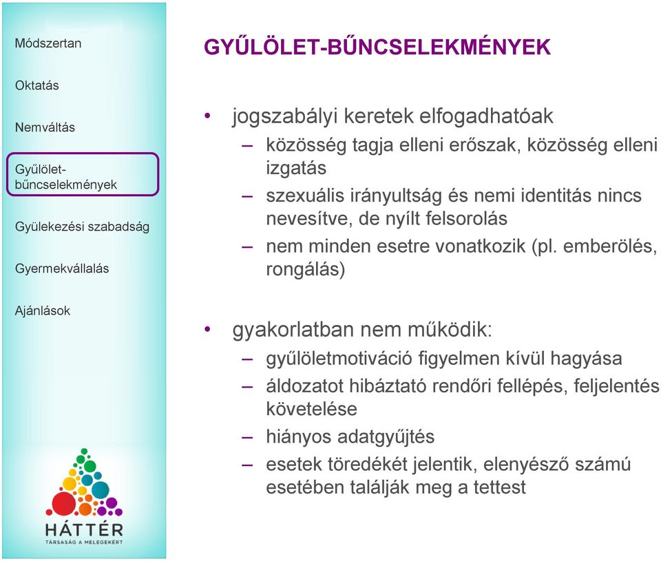 emberölés, rongálás) gyakorlatban nem működik: gyűlöletmotiváció figyelmen kívül hagyása áldozatot hibáztató rendőri