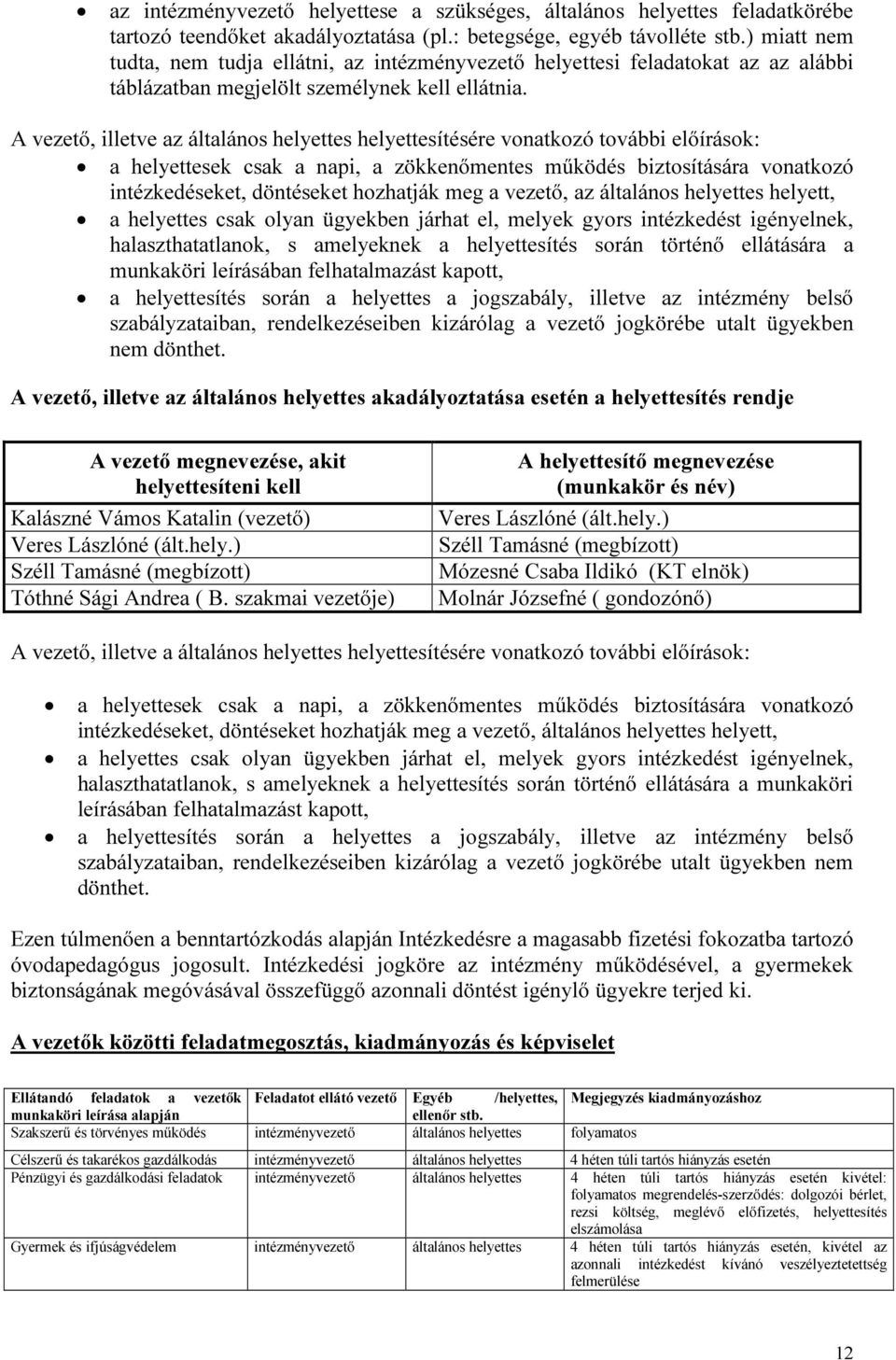 A vezető, illetve az általános helyettes helyettesítésére vonatkozó további előírások: a helyettesek csak a napi, a zökkenőmentes működés biztosítására vonatkozó intézkedéseket, döntéseket hozhatják