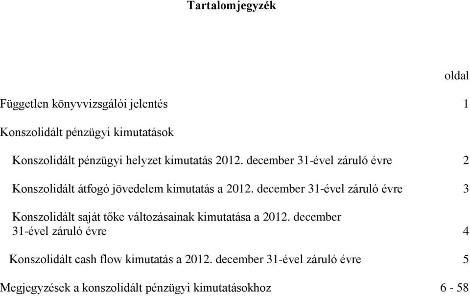 december 31-ével záruló évre 2 Konszolidált átfogó jövedelem kimutatás a 2012.