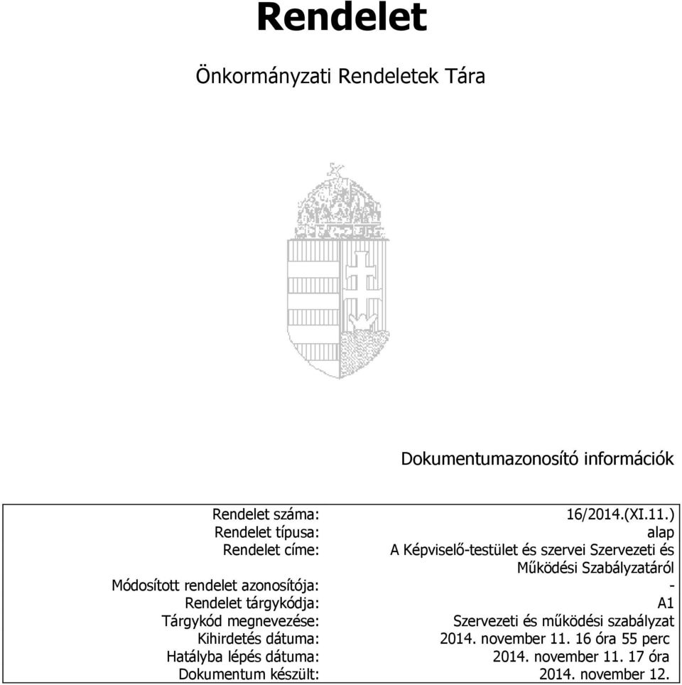 Módosított rendelet azonosítója: - Rendelet tárgykódja: A1 Tárgykód megnevezése: Szervezeti és működési szabályzat