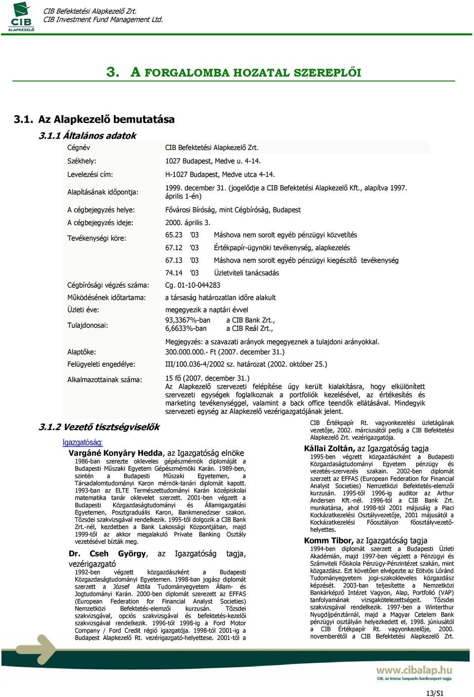 01-10-044283 Működésének időtartama: Üzleti éve: Tulajdonosai: 1999. december 31. (jogelődje a CIB Befektetési Alapkezelő Kft., alapítva 1997.