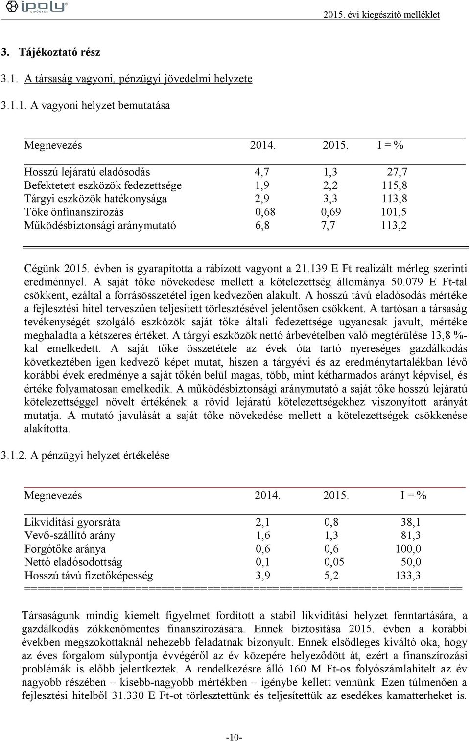 aránymutató 6,8 7,7 113,2 Cégünk 2015. évben is gyarapította a rábízott vagyont a 21.139 E Ft realizált mérleg szerinti eredménnyel. A saját tőke növekedése mellett a kötelezettség állománya 50.