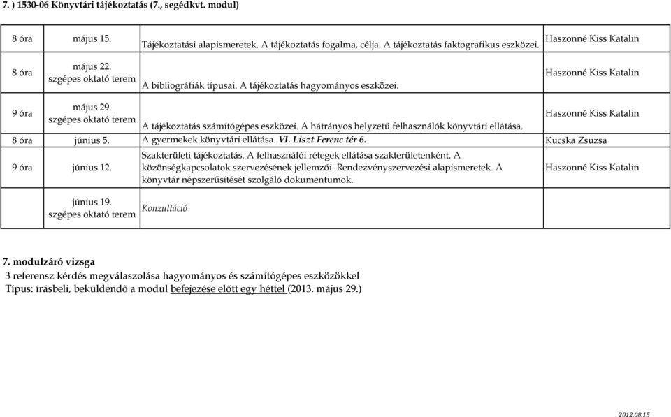 A hátrányos helyzetű felhasználók könyvtári ellátása. 8 óra június 5. A gyermekek könyvtári ellátása. VI. Liszt Ferenc tér 6. Kucska Zsuzsa június 12. június 19.