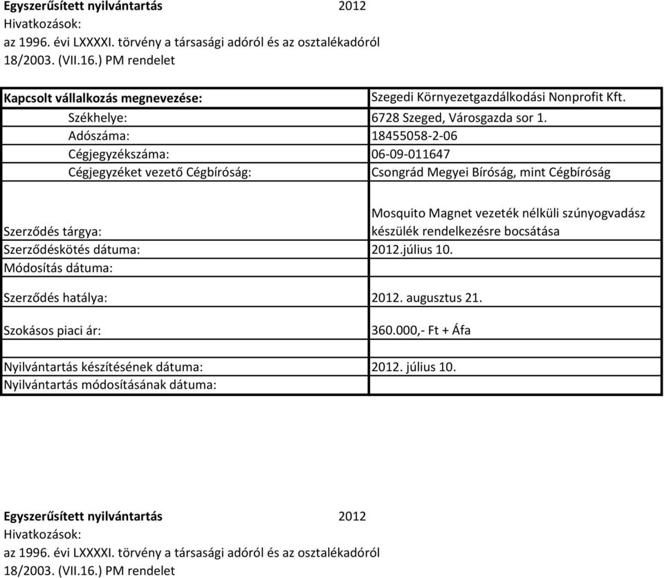 nélküli szúnyogvadász készülék rendelkezésre bocsátása Szerződéskötés dátuma: 2012.július 10. Szerződés hatálya: 2012.