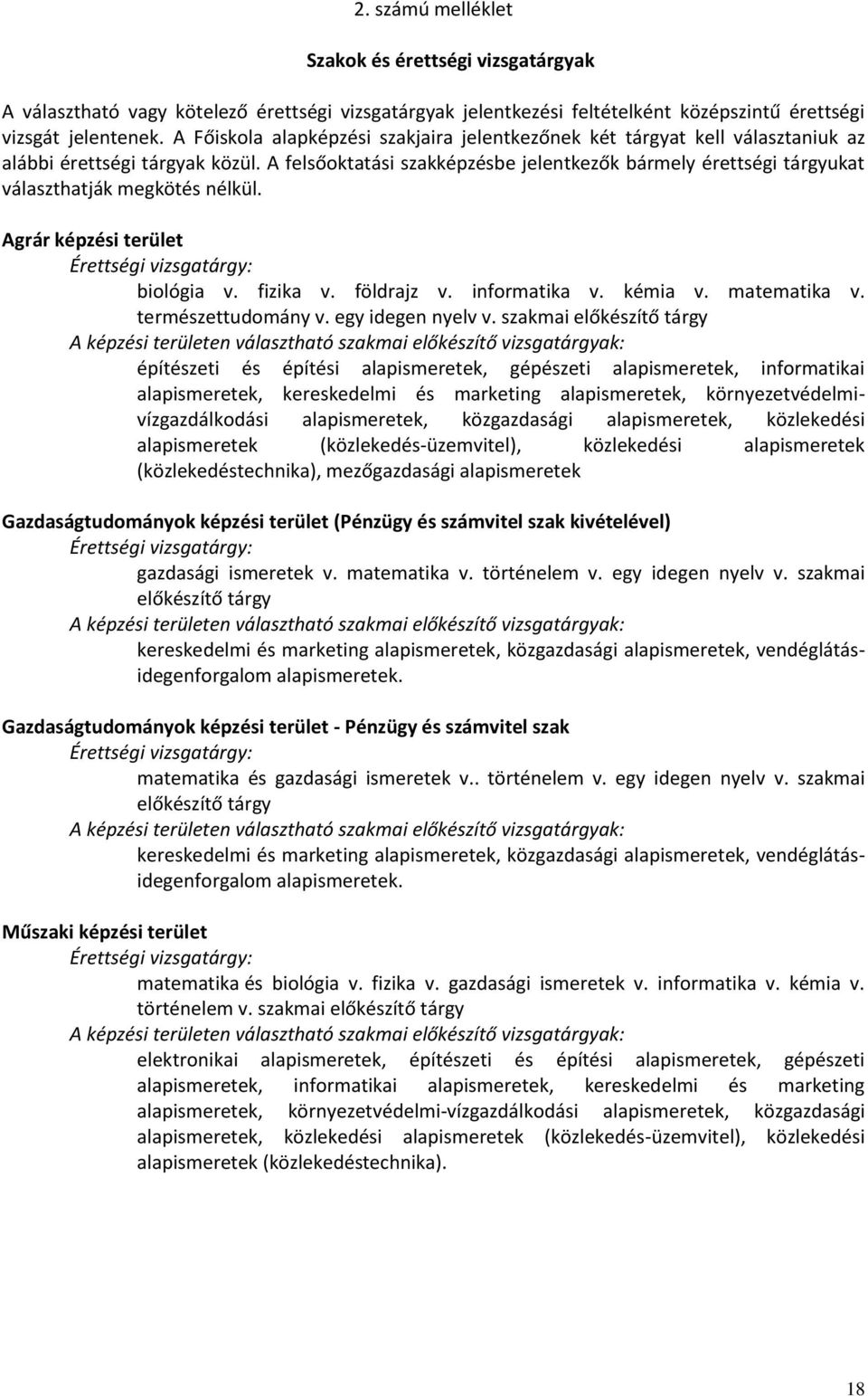 A felsőoktatási szakképzésbe jelentkezők bármely érettségi tárgyukat választhatják megkötés nélkül. Agrár képzési terület Érettségi vizsgatárgy: biológia v. fizika v. földrajz v. informatika v.