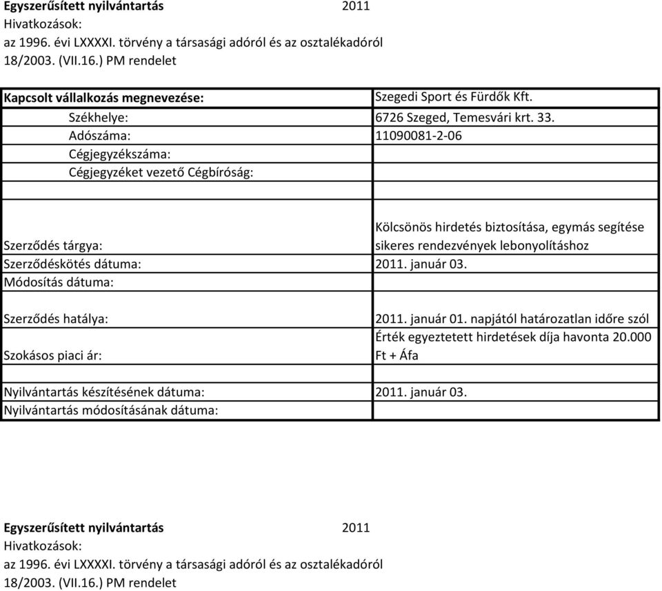 lebonyolításhoz Szerződéskötés dátuma: 2011. január 03. Szerződés hatálya: 2011. január 01.