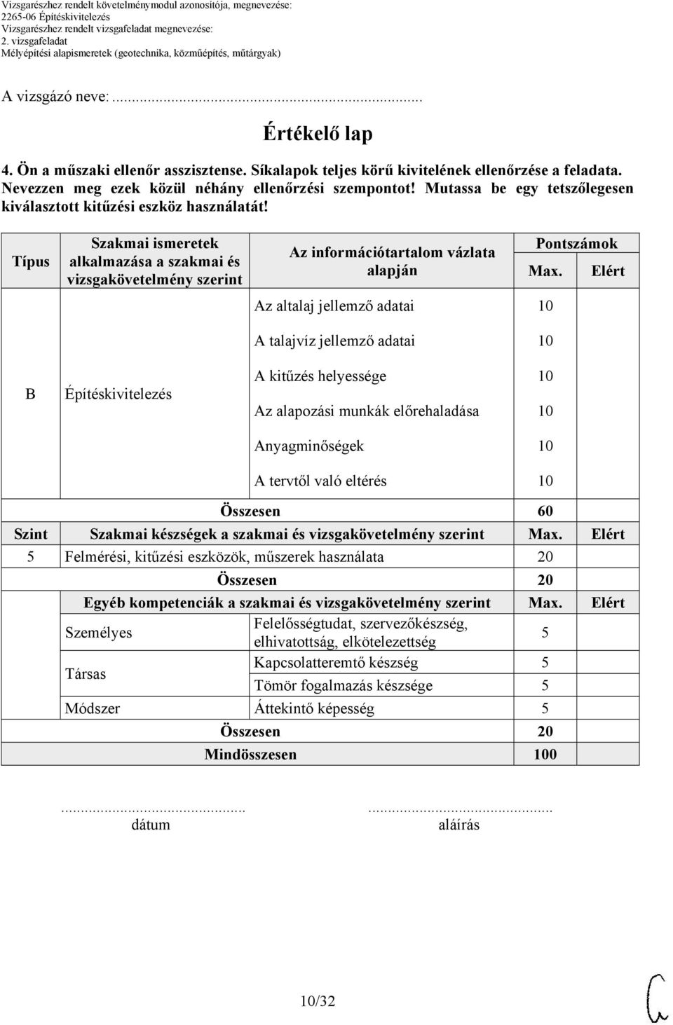 Elért Az altalaj jellemző adatai 10 A talajvíz jellemző adatai 10 B Építéskivitelezés A kitűzés helyessége Az alapozási munkák előrehaladása 10 10 Anyagminőségek 10 A tervtől való eltérés 10 Összesen