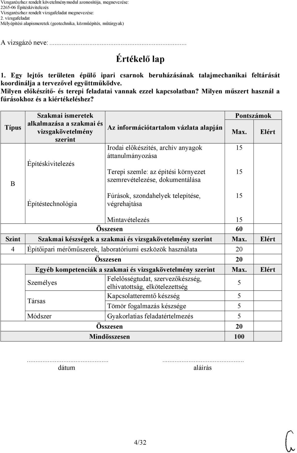 Típus B Szakmai ismeretek alkalmazása a szakmai és vizsgakövetelmény szerint Építéskivitelezés Építéstechnológia Az információtartalom vázlata alapján Irodai előkészítés, archív anyagok