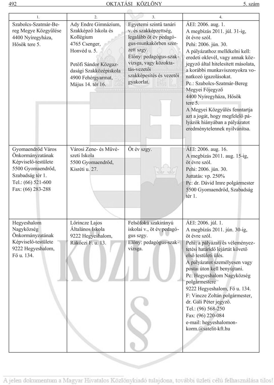 A megbízás 2011. júl. 31-ig, Pehi: 2006. jún. 30. A pályázathoz mellékelni kell: eredeti oklevél, vagy annak közjegyzõ által hitelesített másolata, a korábbi munkaviszonyokra vonatkozó igazolásokat.