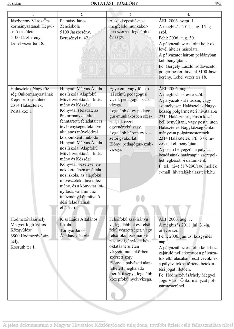 A pályázathoz csatolni kell: oklevél hiteles másolata. A pályázatot három példányban kell benyújtani. Pc: Gergely László irodavezetõ, polgármesteri hivatal 5100 Jászberény, Lehel vezér tér 18.
