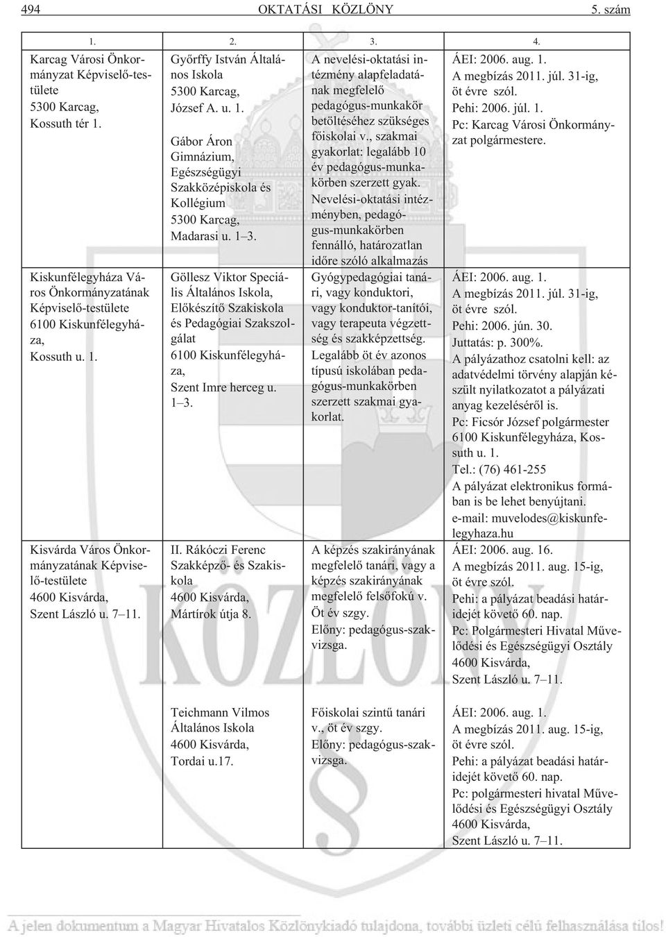 Göllesz Viktor Speciális Általános Iskola, Elõkészítõ Szakiskola és Pedagógiai Szakszolgálat 6100 Kiskunfélegyháza, Szent Imre herceg u. 1 3. II.
