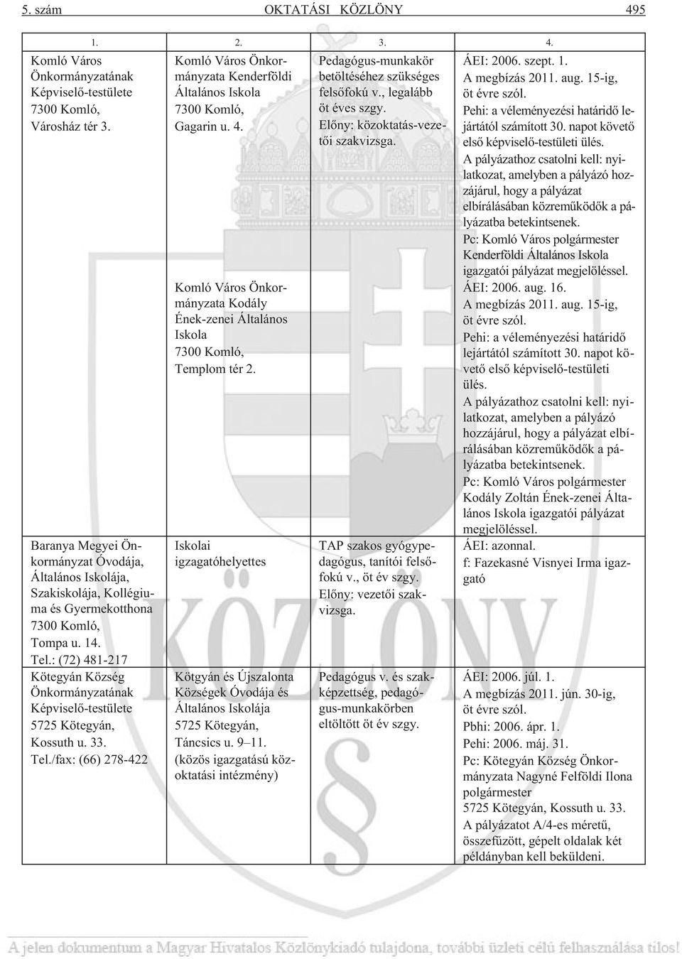 Iskolai igzagatóhelyettes Kötgyán és Újszalonta Községek Óvodája és Általános Iskolája 5725 Kötegyán, Táncsics u. 9 11.
