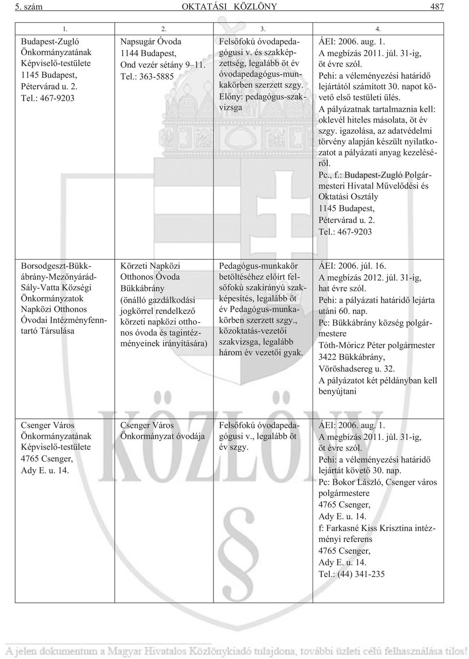 napot követõ elsõ testületi ülés. A pályázatnak tartalmaznia kell: oklevél hiteles másolata, öt év szgy. igazolása, az adatvédelmi törvény alapján készült nyilatkozatot a pályázati anyag kezelésérõl.