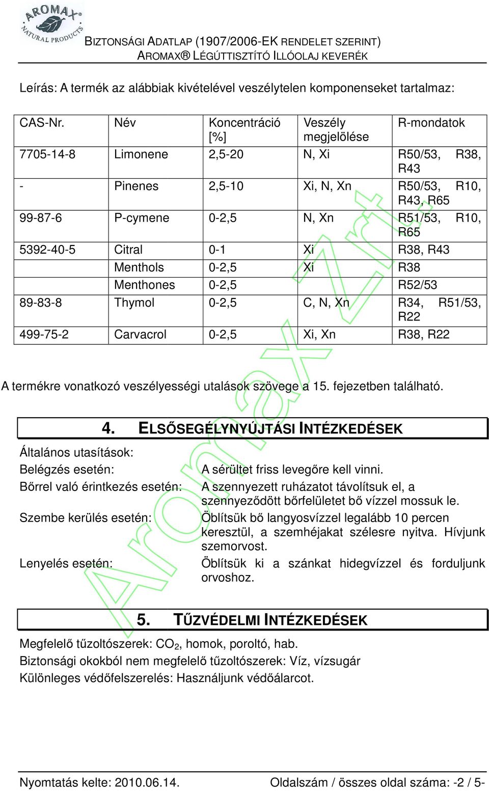 0-1 Xi 0-2,5 Xi Menthones 0-2,5 0-2,5 C, N, Xn 0-2,5 Xi, Xn R-mondatok R50/53, R38, R43 R50/53, R10, R43, R65 R51/53, R10, R65 R38, R43 R38 R52/53 R34, R51/53, R22 R38, R22 A termékre vonatkozó