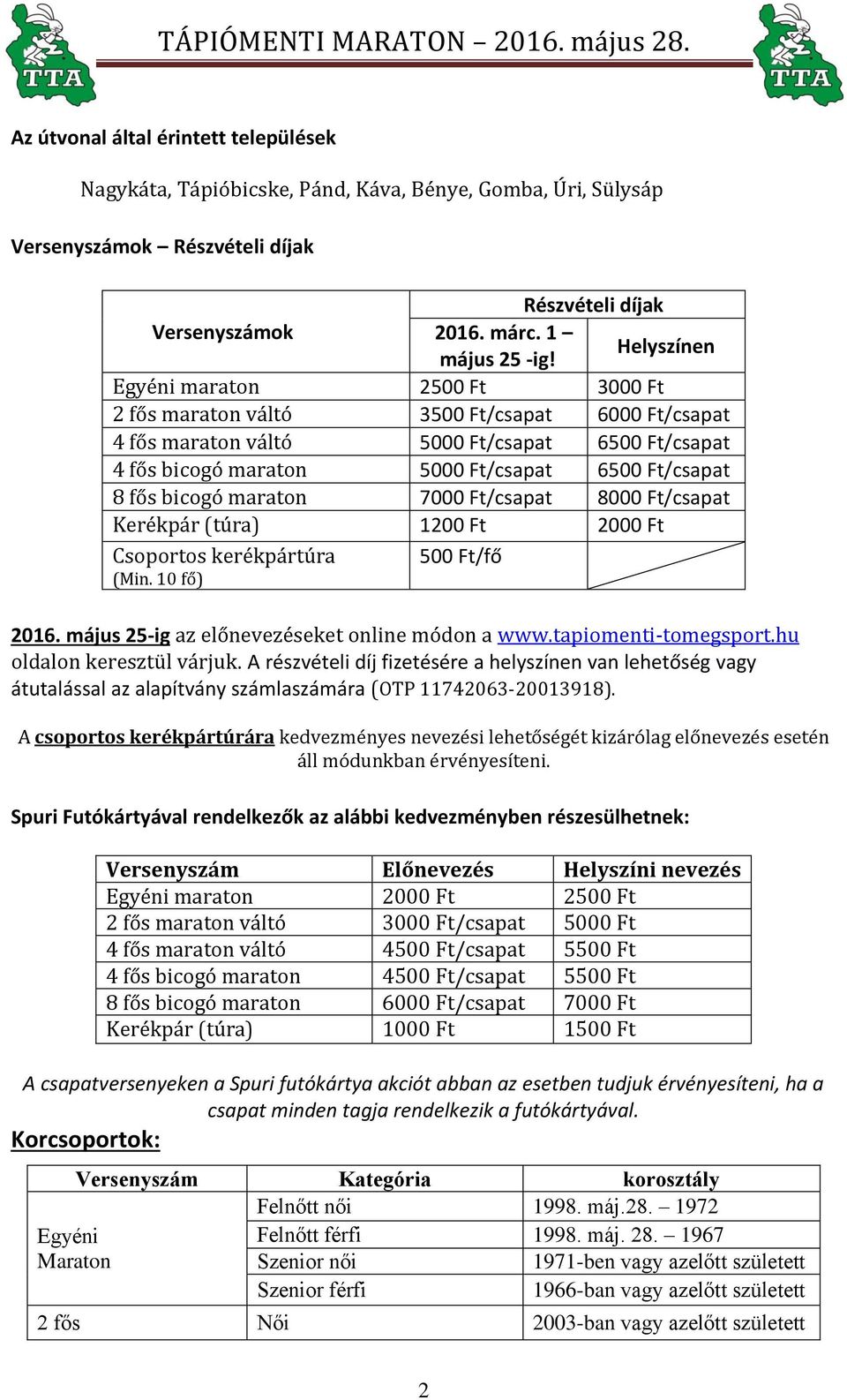 bicogó maraton 7000 Ft/csapat 8000 Ft/csapat Kerékpár (túra) 1200 Ft 2000 Ft Csoportos kerékpártúra (Min. 10 fő) 500 Ft/fő 2016. május 25-ig az előnevezéseket online módon a www.tapiomenti-tomegsport.