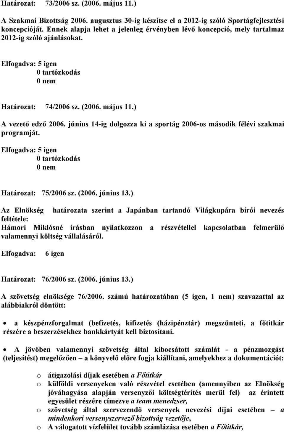 június 14-ig dolgozza ki a sportág 2006-os második félévi szakmai programját. Elfogadva: 5 igen 0 tartózkodás 0 nem Határozat: 75/2006 sz. (2006. június 13.