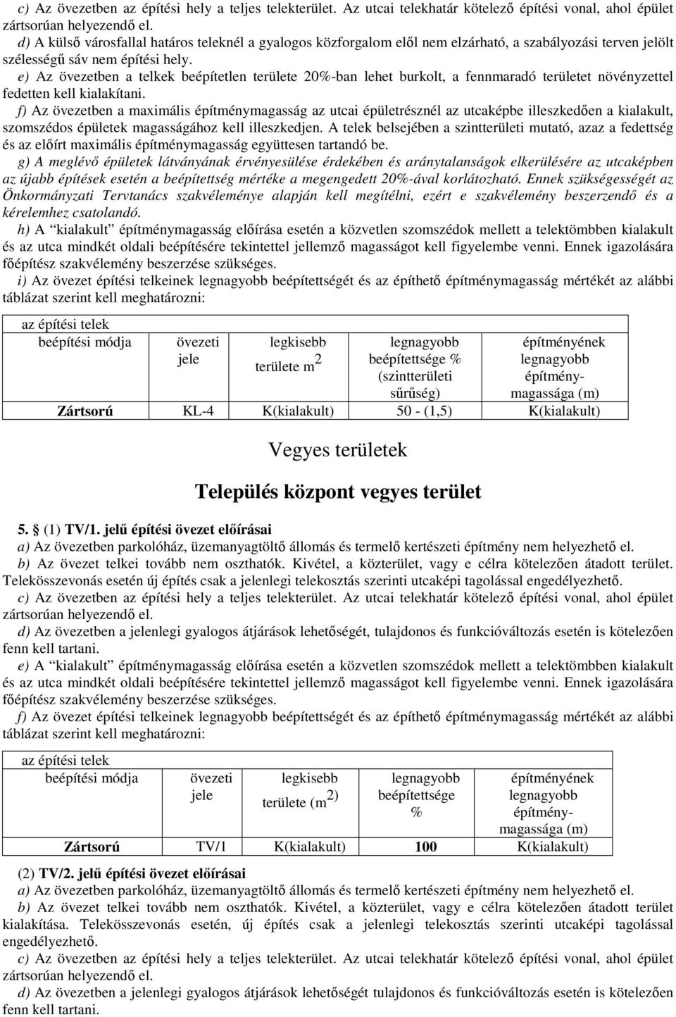 e) Az övezetben a telkek beépítetlen területe 20%-ban lehet burkolt, a fennmaradó területet növényzettel fedetten kell kialakítani.