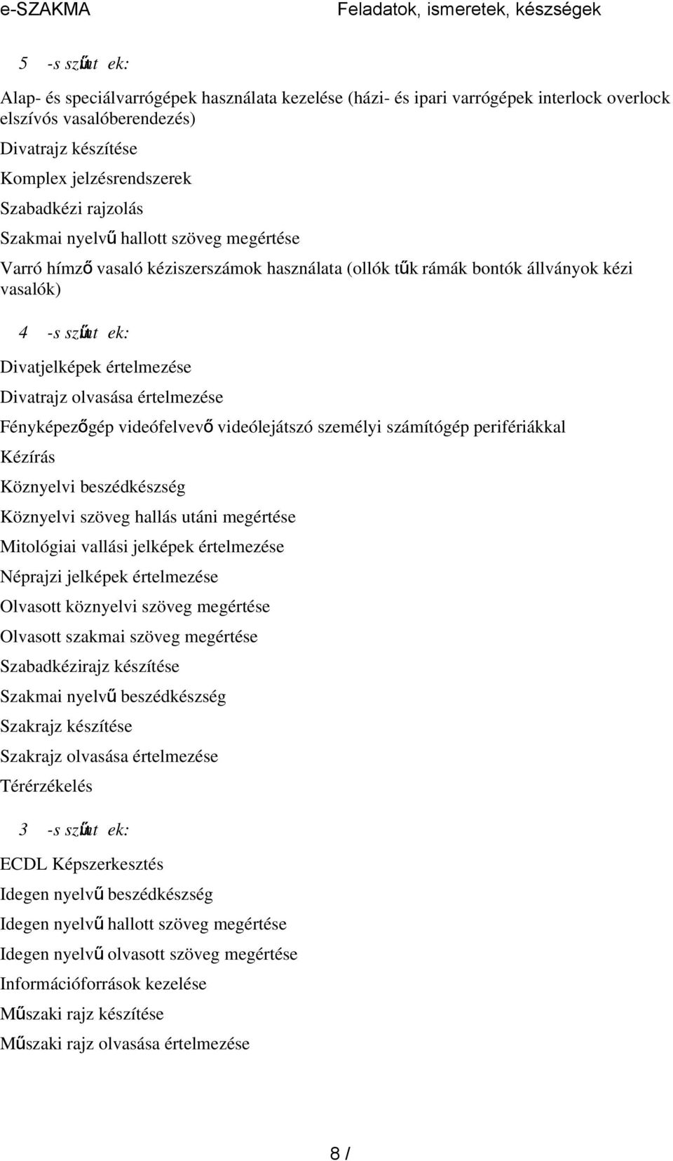 Divatjelképek értelmezése Divatrajz olvasása értelmezése Fényképezőgép videófelvev ő videólejátszó személyi számítógép perifériákkal Kézírás Köznyelvi beszédkészség Köznyelvi szöveg hallás utáni